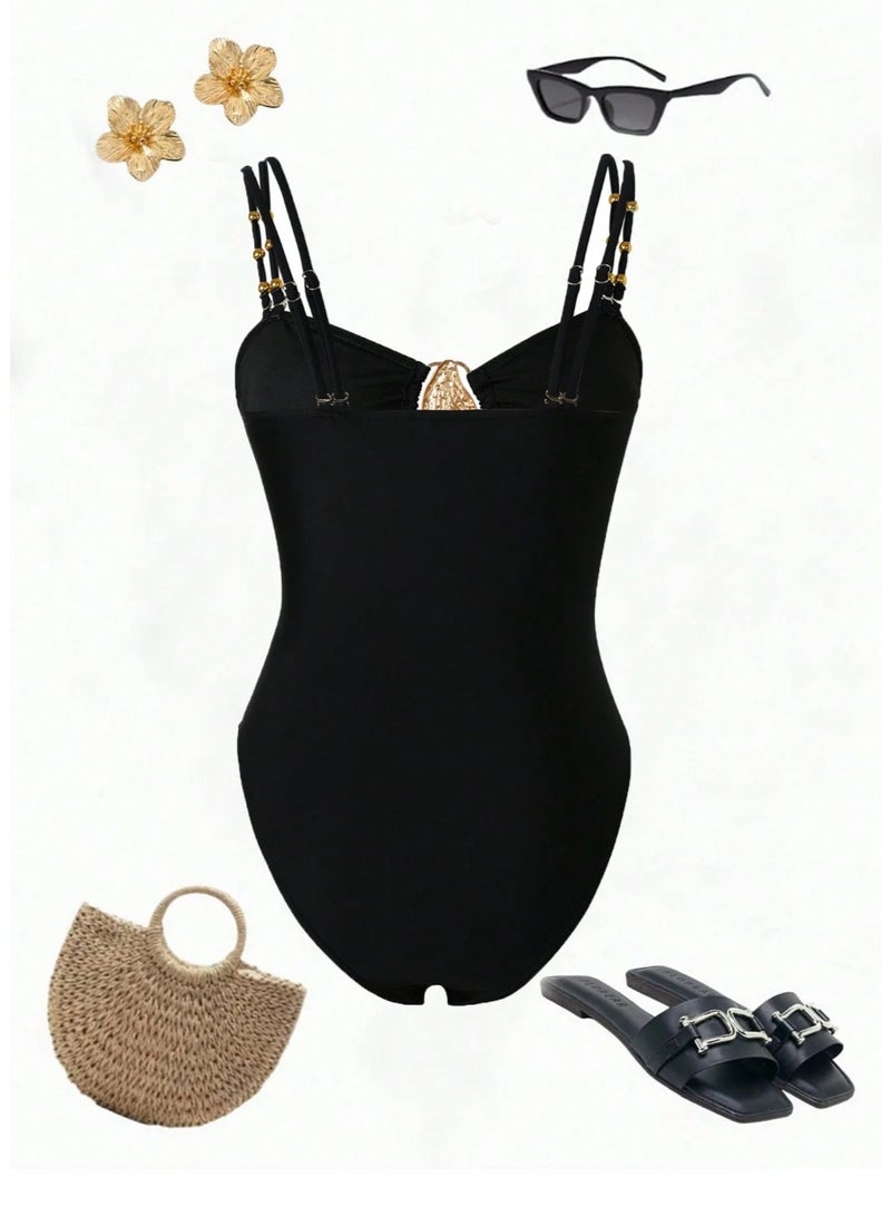 SHEIN Swim 1pc Contrast Color One-Piece Swimsuit, Metal Decor Beach Elegant Swimwear For Summer Beach Vacation - Image 5